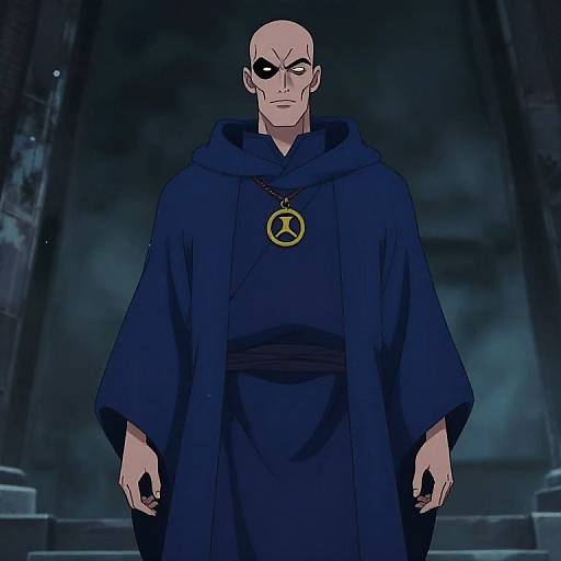 An animated, bald, pale-skinned man in a dark blue hooded robe with a pentagram necklace, standing against a dark, misty background