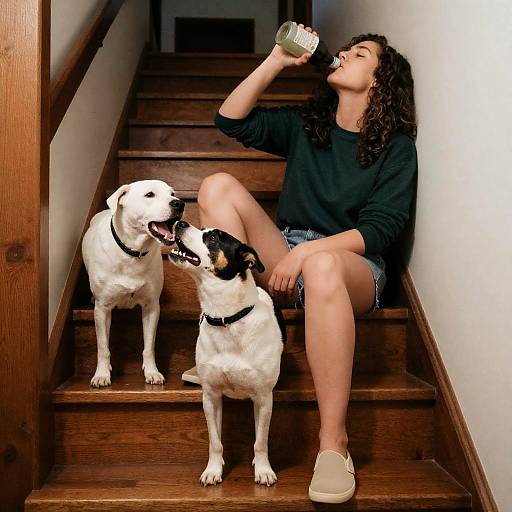 Woman with Dog on Wooden Stairs