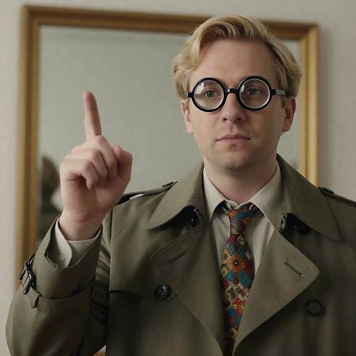 Blonde Man Pointing Upward in Trench Coat