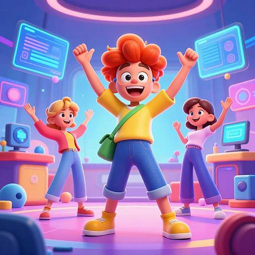 Bright, digital cartoon of three excited children with colorful hair, raising arms in futuristic neon-lit room with screens. Central boy wears yellow shirt, blue