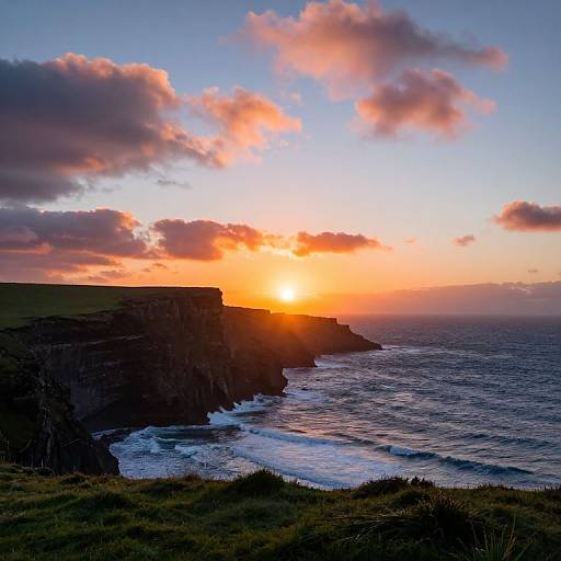 Photograph of a stunning sunset over a rocky coastline, with vibrant orange and pink clouds, dark cliffs, and gentle ocean waves.