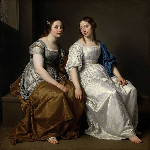 Photograph of two 18th-century women, one in a brown dress with striped bodice, the other in a white silk gown with blue sh