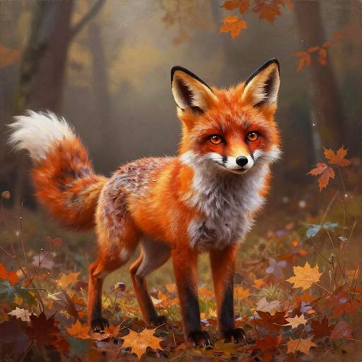 Digital painting of a vibrant red fox with white-tipped tail, standing in an autumn forest, surrounded by orange and red leaves.