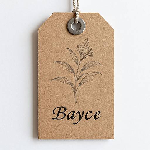 Brown tag with a simple botanical drawing of a flower and the name 