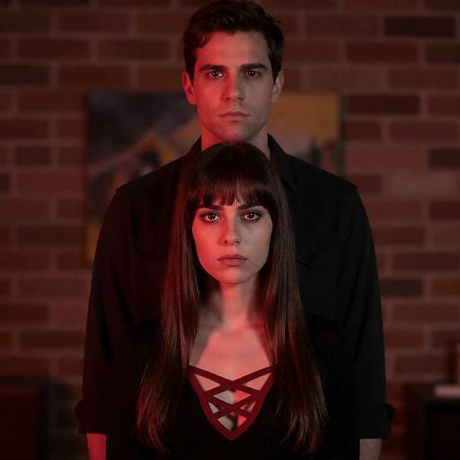 Red-Lit Serious Couple on Brick Wall