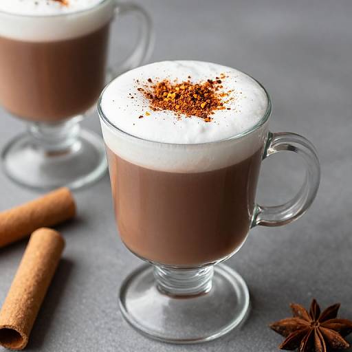 Photograph of two clear glass mugs with rich chocolate milkshakes topped with whipped cream and cinnamon, on a gray surface with cinnamon sticks and star