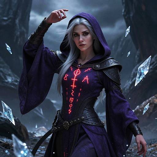 Digital artwork of a pale-skinned, silver-haired woman in a dark hooded robe with glowing red runes, surrounded by floating ice crystals in a rocky