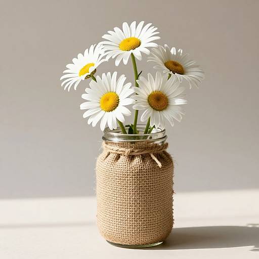 Photograph of a mason jar wrapped in burlap, holding six white daisies with yellow centers, set against a plain light gray background