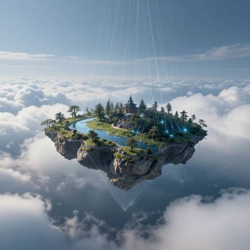 Fantastical CGI image of a floating island with a house, trees, and a pond, suspended by invisible cables above a sea of clouds.