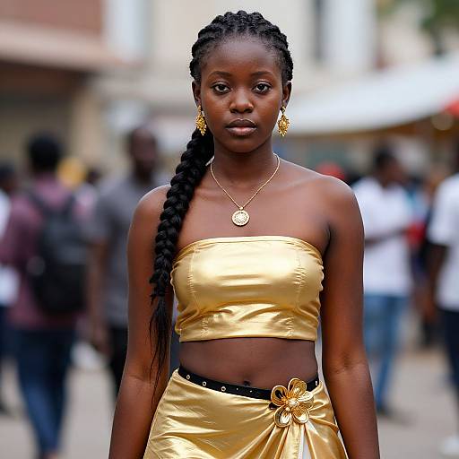 Confident Young Black Woman in Gold Outfit