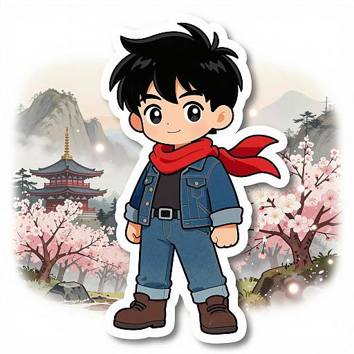 East Asian Boy Sticker with Cherry Blossoms and Mountain Temple