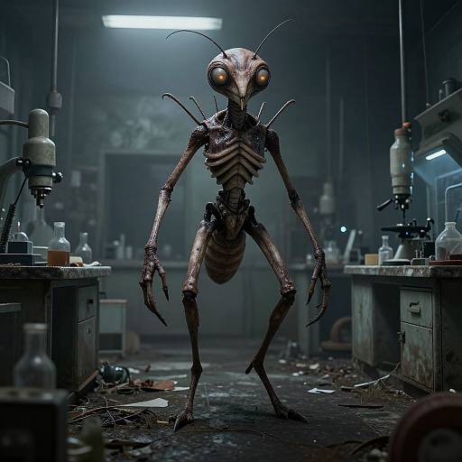 CGI image of a menacing, insectoid creature with glowing orange eyes, standing in a dark, cluttered laboratory with scattered lab equipment.
