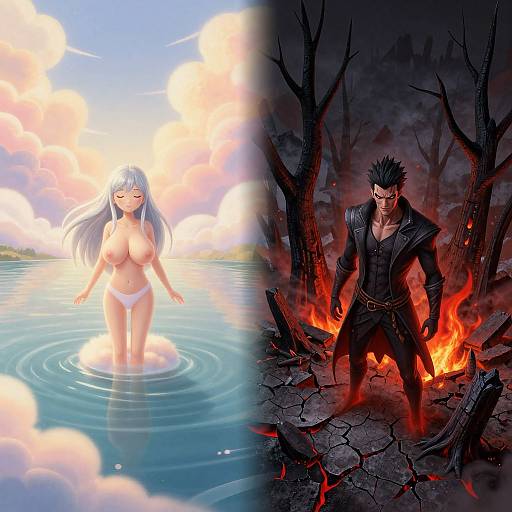 Digital artwork: Left side—nude white-haired woman with large breasts, closed eyes, wading in serene water, bright sky. Right side—