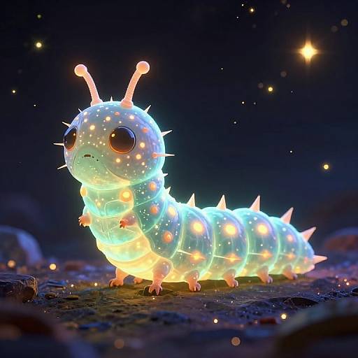 Glowing, cartoonish, alien caterpillar with large eyes, antenna, and spikes illuminated like a bioluminescent creature in a dark,