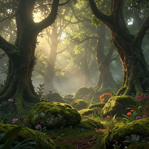Photorealistic forest scene: Sunlight filters through tall, moss-covered trees; vibrant wildflowers bloom among large, mossy rocks; misty atmosphere
