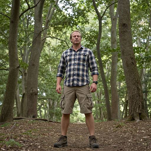 Photograph of a bald, middle-aged man in a blue plaid shirt and beige shorts standing on a forest path, surrounded by tall trees.