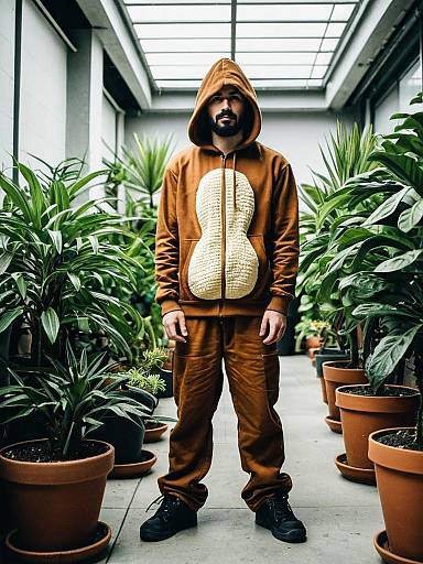 Man in Peanut Costume Hoodie Standing Among Plants