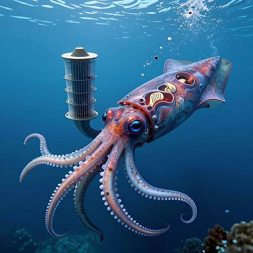 Photograph of a vibrant, patterned octopus with large, expressive eyes and curled tentacles swimming near a submerged, cylindrical buoy in clear blue underwater
