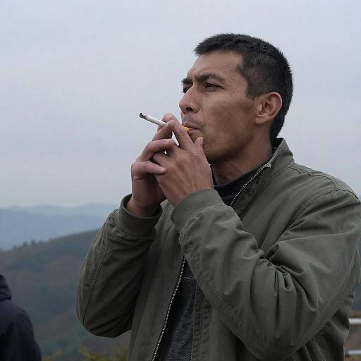 Man Smoking Against Cloudy Mountain Sky