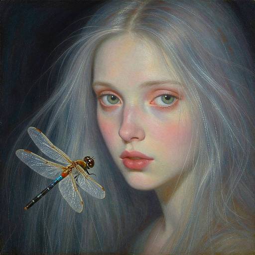 Digital painting of a pale, ethereal woman with long, silver hair, green eyes, and pink lips, holding a detailed dragonfly against a dark