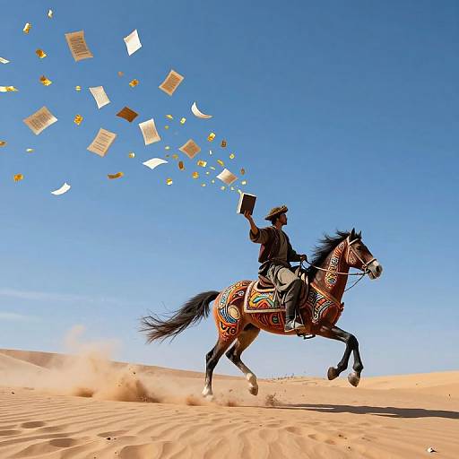 Photograph of a rider in dark clothing, holding a book, on a vibrant, patterned horse, leaping through a desert with flying papers against