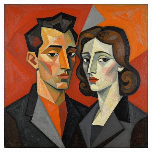 Cubist-style digital painting of a serious man and woman with angular features, red-orange background, black suits, brown hair, and intense expressions.