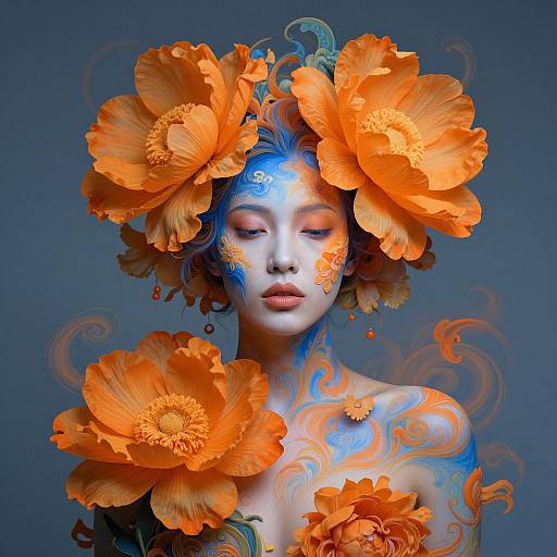 Digital art of a serene, blue and white face with vibrant orange poppy flowers on head and shoulders, against a dark blue background. Swirling patterns