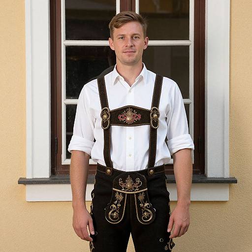 Photograph of a young Caucasian man with light brown hair, wearing a white shirt and black Bavarian-style leather suspenders and pants, standing in front