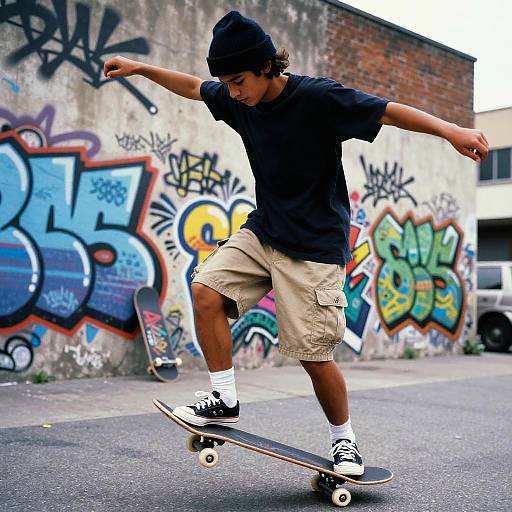 Young Skater Performing Trick with Graffiti Background