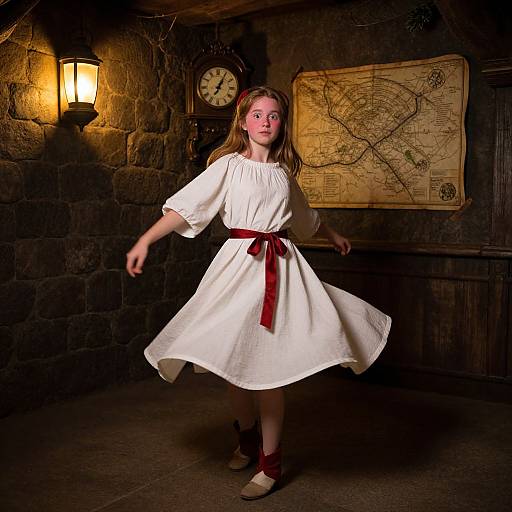 Photograph of a young girl with red hair, wearing a white dress with red ribbon, dancing in a dimly lit stone room with a map and