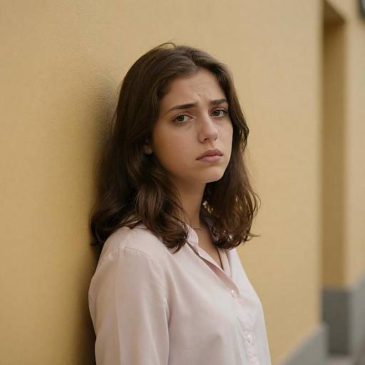 Serious Young Woman Against Blurry Wall