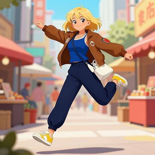 Anime-style digital drawing of a blonde woman in a brown jacket, blue top, dark pants, and yellow sneakers, running through a sunny, bustling market