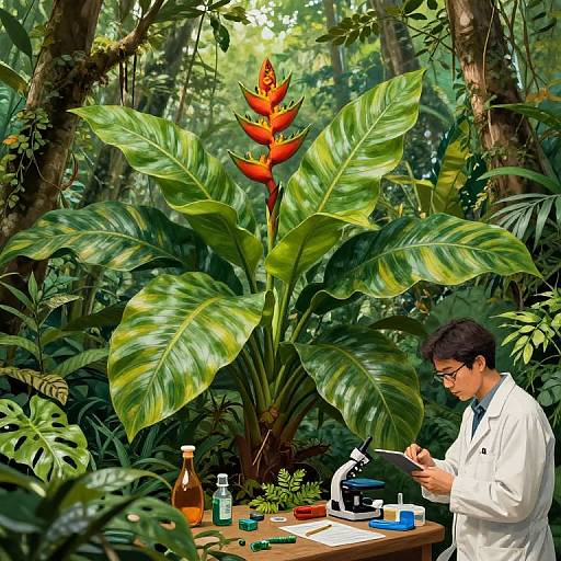 Scientist in white lab coat operates microscope amidst lush jungle, large green leaves, and vibrant red heliconia flower, with lab equipment on a wooden