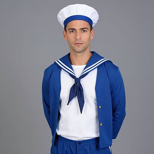 Photograph of a young man with light skin, brown eyes, and short dark hair, wearing a white sailor hat, navy blue sailor uniform with white