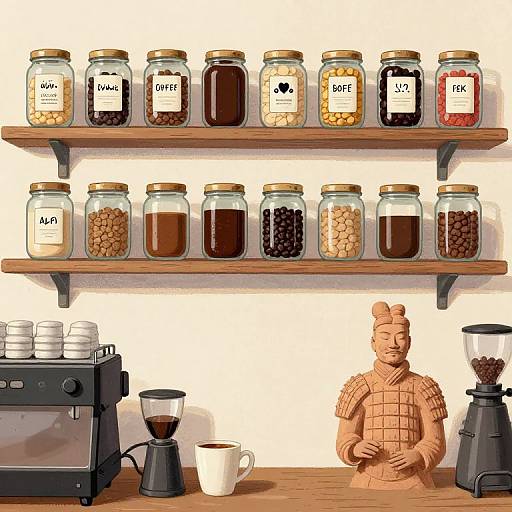 Digital illustration of a coffee shop counter with jars of jam, spices, espresso machine, grinder, and a clay figurine of a man.