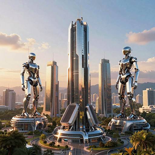 Futuristic AI Cityscape at Sunset