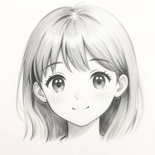 Black-and-white pencil drawing of a cute anime-style girl with large, sparkling eyes, soft smile, and shoulder-length hair.