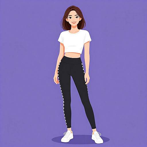 Digital illustration of a smiling woman with brown hair, wearing a white crop top, black leggings with white stripes, and white sneakers, against a solid purple