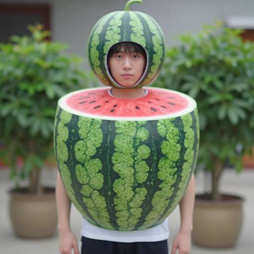 Photograph of an Asian boy wearing a watermelon costume with a round helmet and sliced front, standing in a garden.