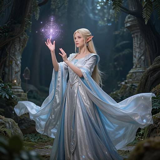 Digital fantasy artwork of a blonde, elven woman in a flowing silver gown, casting a glowing magical spell in a dark, enchanted forest.