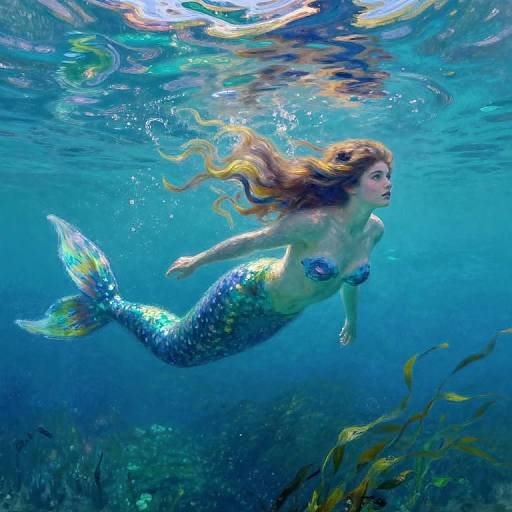 Photorealistic underwater photograph of a beautiful mermaid with long red hair, blue shell bra, and colorful fish-scaled tail, swimming amidst blue water