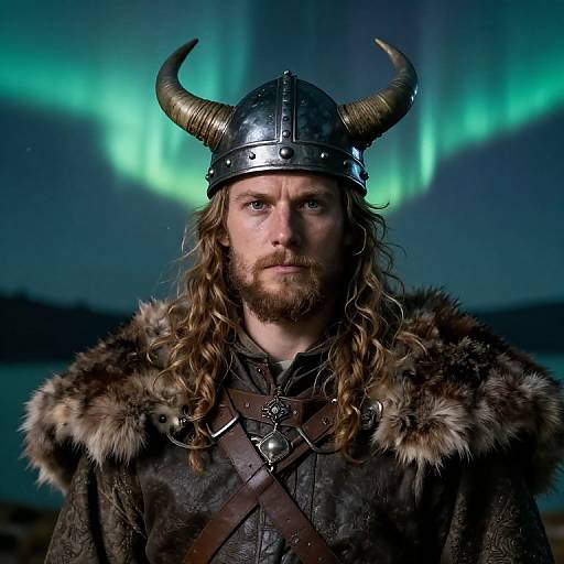 Photograph of a bearded man with long brown hair, wearing a Viking helmet with horns, fur cloak, and leather armor, against a backdrop of