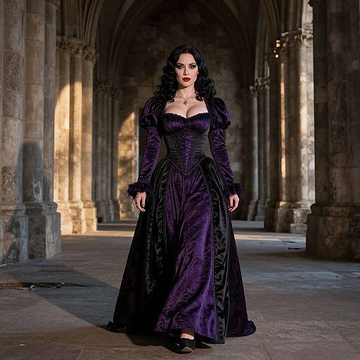 Photograph of a pale-skinned woman with black curly hair in a dark purple Gothic-style gown, standing in a sunlit, medieval stone hallway.