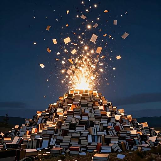 Photograph of a towering stack of books erupting in a bright, fiery explosion with glowing embers and falling pages against a dark blue night sky.