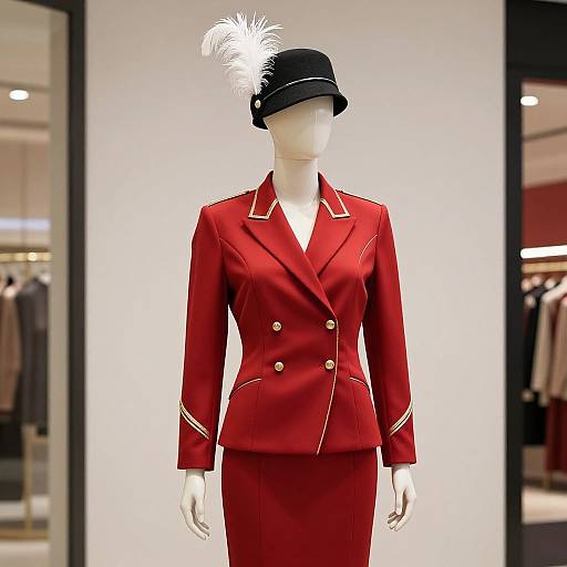 Photograph of a headless mannequin wearing a vibrant red double-breasted suit with gold buttons, black top hat, and white feather, displayed