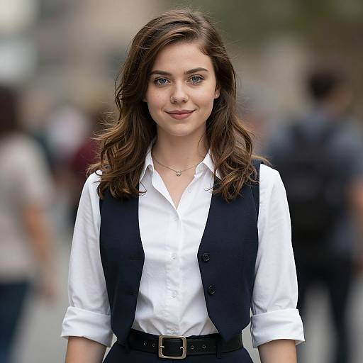 Photograph of a young woman with fair skin, blue eyes, and wavy brown hair, wearing a white blouse, black vest, and belt,