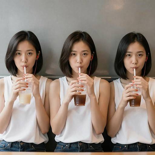 Three Identical Women in Metallic Backdrop
