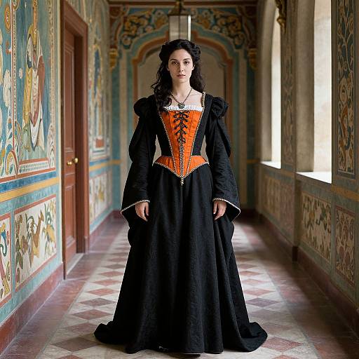 Photograph of a dark-haired woman in an ornate black Renaissance gown with an orange corset, standing in a richly decorated, narrow hallway with