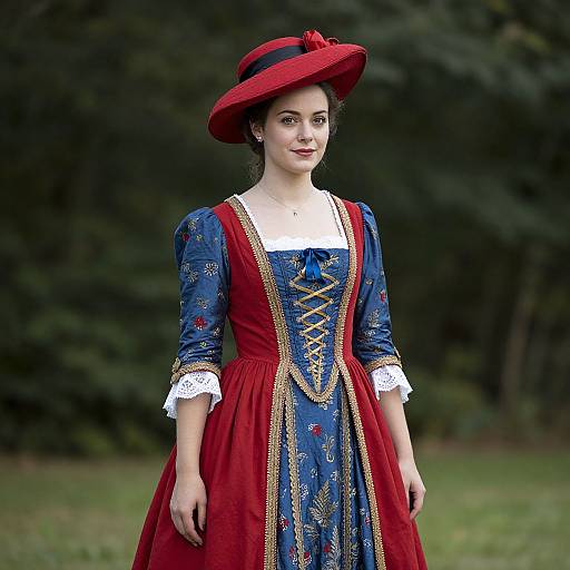 Photograph of a young woman in a blue and red Renaissance-style dress with lace cuffs, corset lacing, and a red hat, standing in