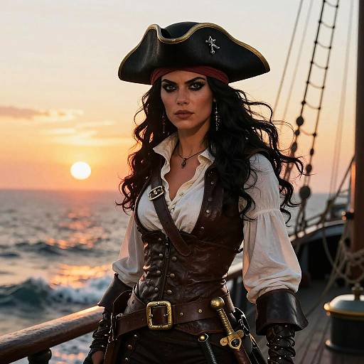 Photorealistic digital image of a fierce female pirate with long black hair, wearing a tricorn hat, white shirt, brown vest, and gloves,